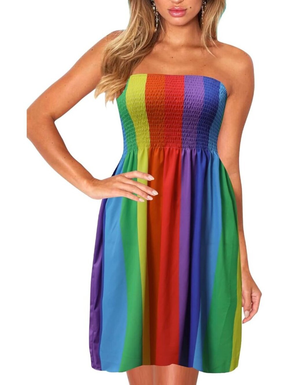 Women's Rainbow Strapless Smocked Tube Top for Summer Beach Boho Mini Dress